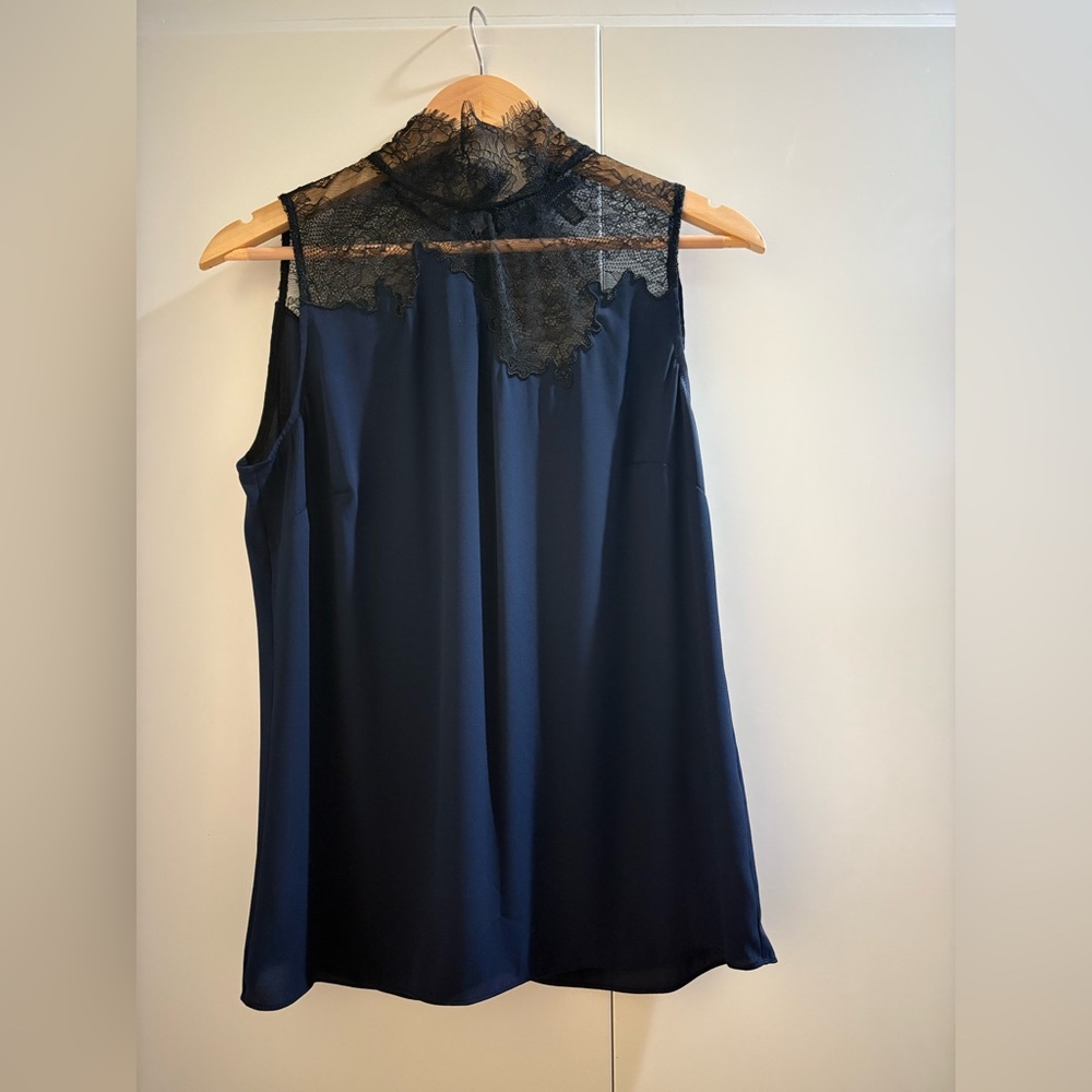 White House Black Market Midnight Blue Blouse with Black Lace